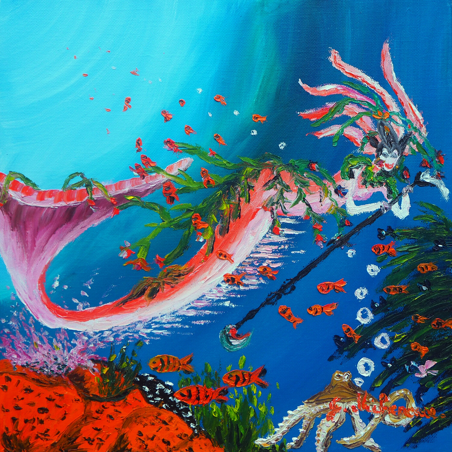 La sirène et le poulpe- Huile au couteau Gyslaine Pachet Micheneau Original painting for sale