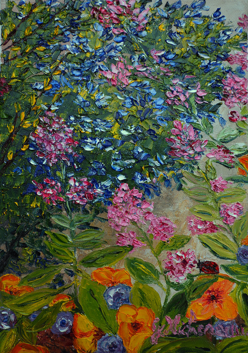 Coccinelle- Huile au couteau Gyslaine Pachet Micheneau Original painting for sale