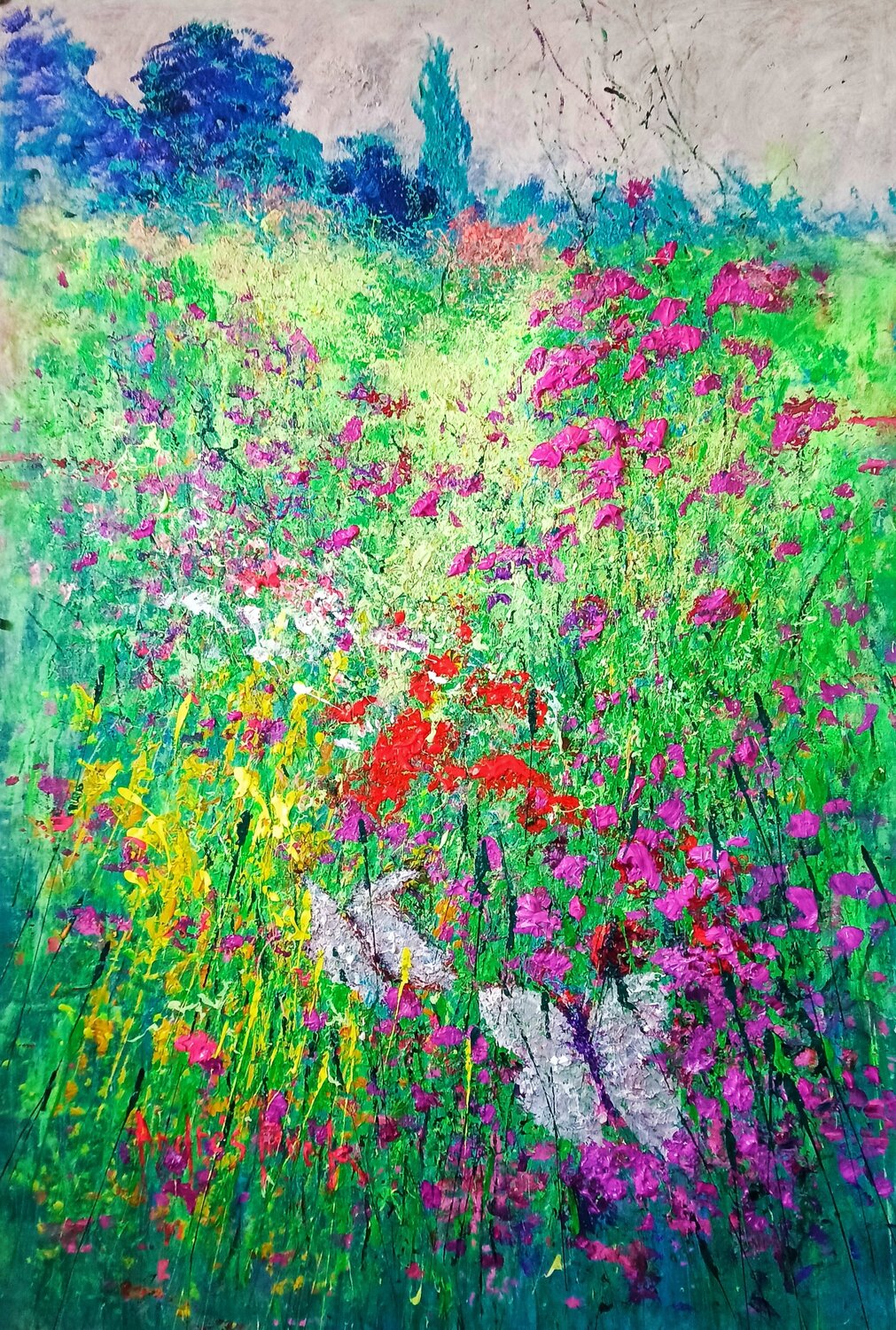 TWO SILVER BUTTERFLIES Andrés Rueda Original painting for sale