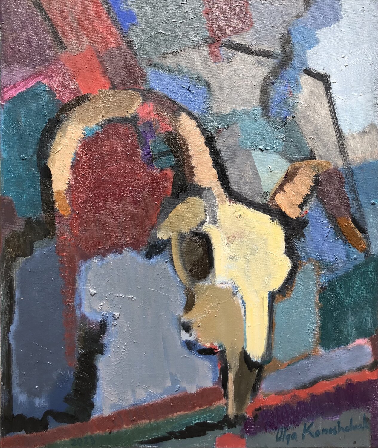 ''A single pictorial motif of an everlasting presence. The still life with a goat's skull'' Olga Konoshchuk Original painting for sale