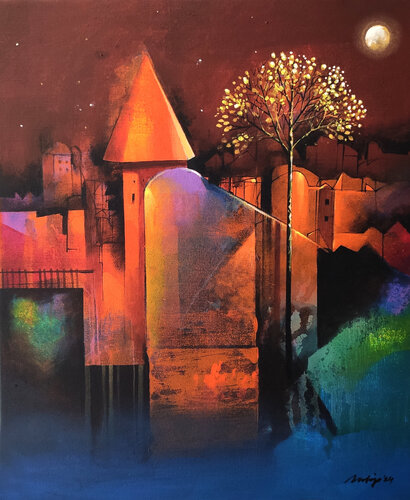 Mysterious moon by Pradip Sengupta, Painting for Sale on Select