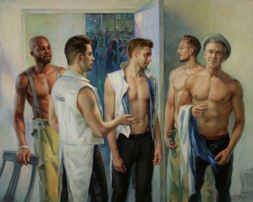 Back Stage. Scandinavian Hunks. by Serguei Zlenko, Painting for Sale on Select