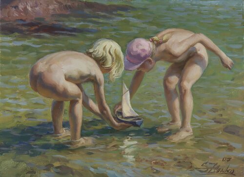Playing with a boat by Serguei Zlenko, Painting for Sale on Select
