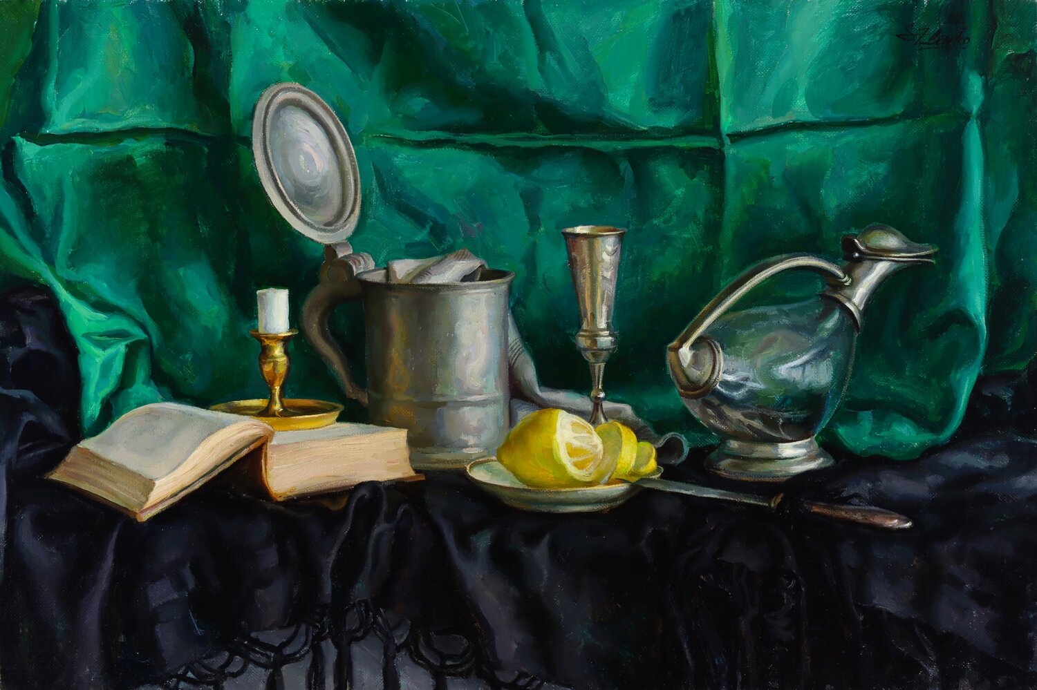 Stilife with lemon and silvewear Serguei Zlenko Original painting for sale
