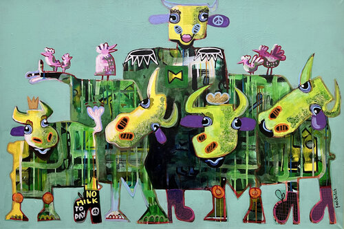 Pink Birds over Cow City by Fredi Gertsch, Painting for Sale on Select