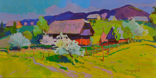 Blossoms Beneath the Thatched Roof by Alexander Shandor, Painting for Sale on Select