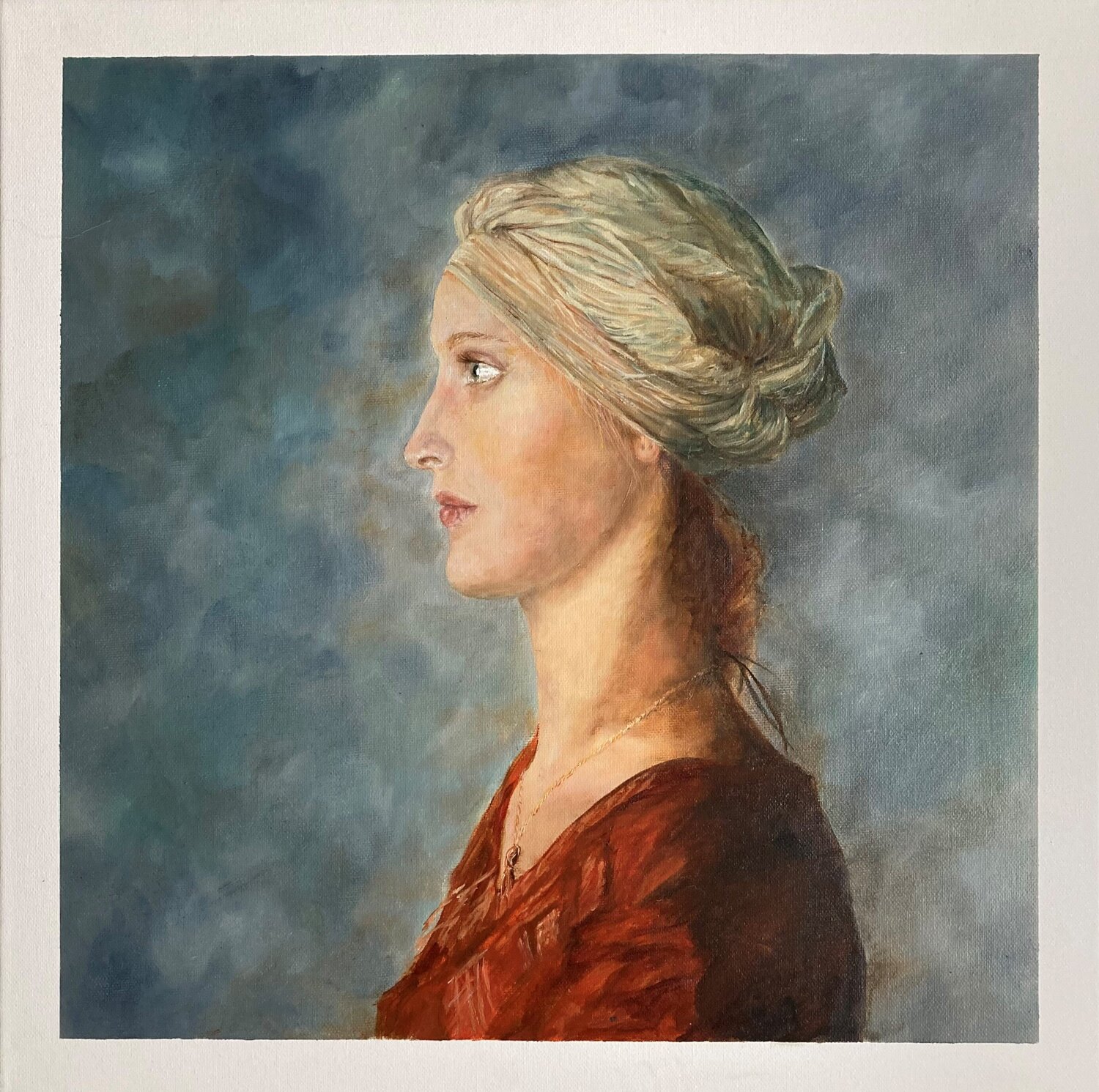 A girl in a terracotta dress Lusie Schellenberg Original painting for sale