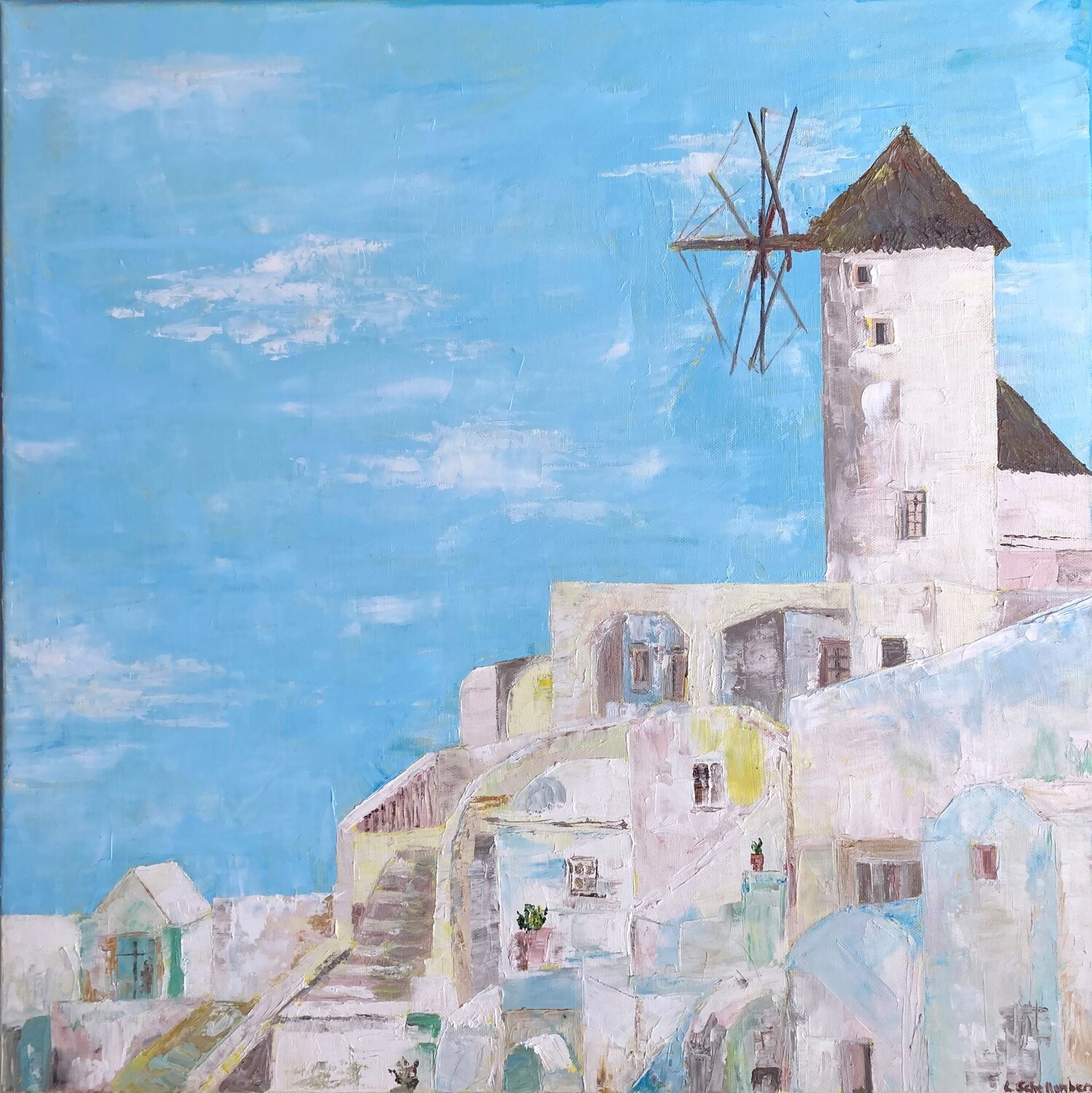 Santorini Lusie Schellenberg Original painting for sale