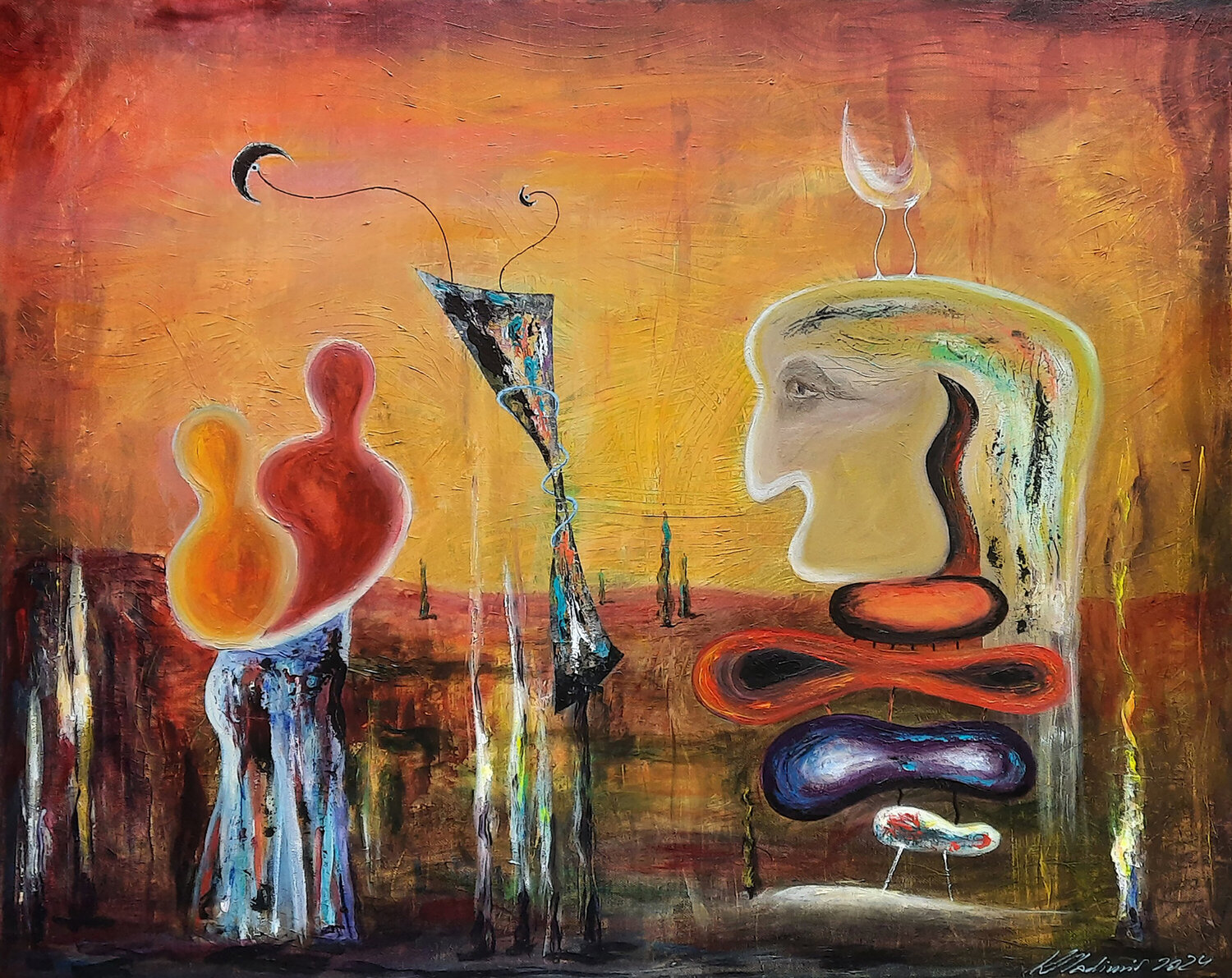 Mesmerizing hugs and phantom stranger at the engrossing landscape with mysterious lights Vladimir Kolosov Original painting for sale