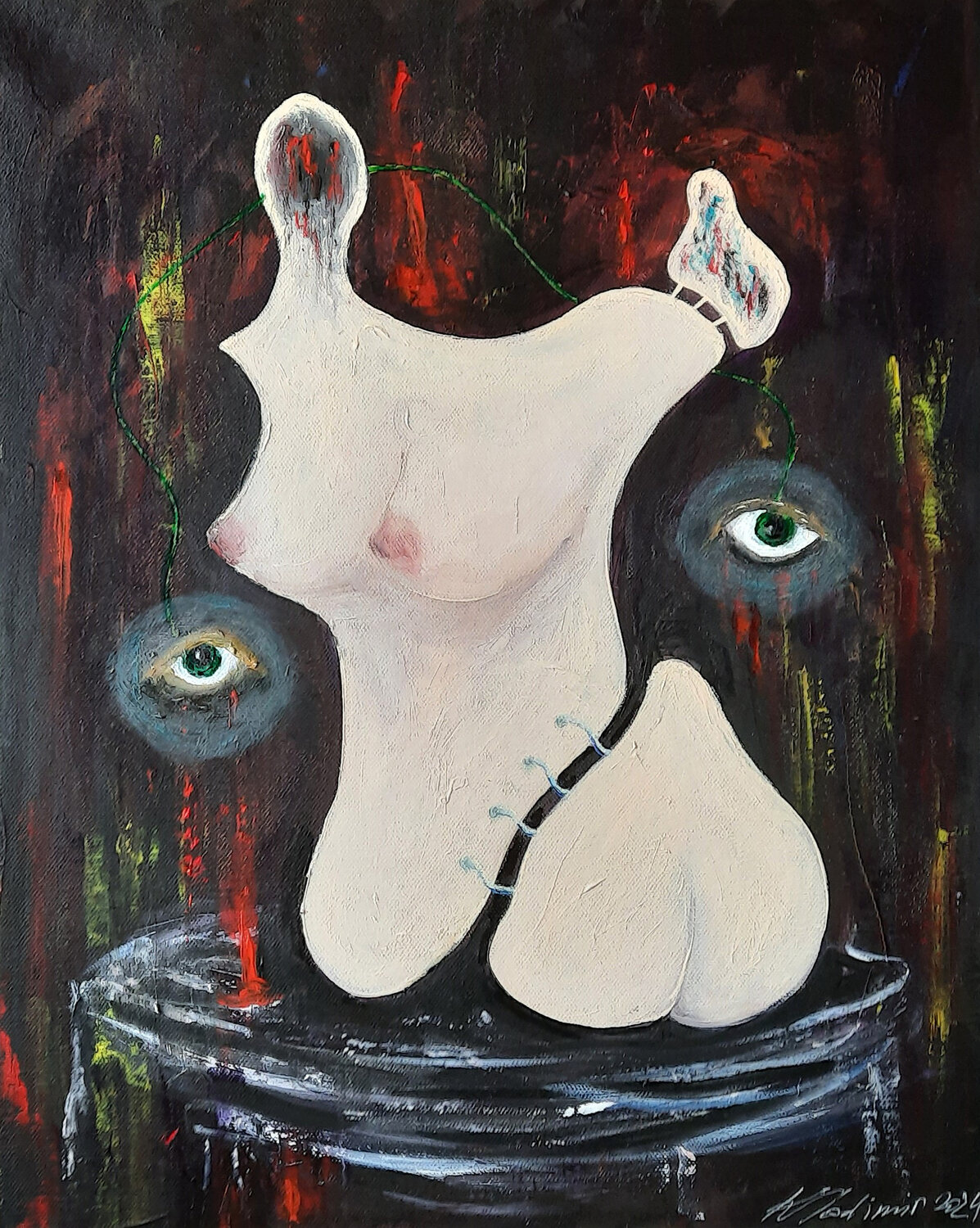 Still-life with anatomical structure and curious green eyes Vladimir Kolosov Original painting for sale