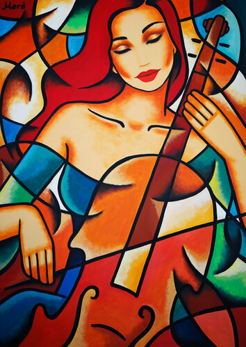 Modernes Gemälde - Sommermelodie - Frau mit Cello - Leinwandbild by Ekaterina Moré, Painting for Sale on Select