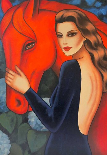 "Flame and Grace" - Frau mit dem roten Pferd by Ekaterina Moré, Painting for Sale on Select