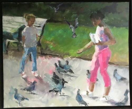 Pigeons au parc by Florence Dias-Looten, Painting for Sale on Select