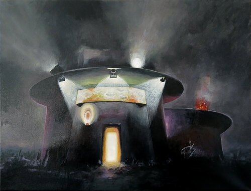 Building by night by richard jurtitsch, Painting for Sale on Select