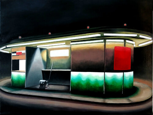 Building by night ( Kiosk) by richard jurtitsch, Painting for Sale on Select