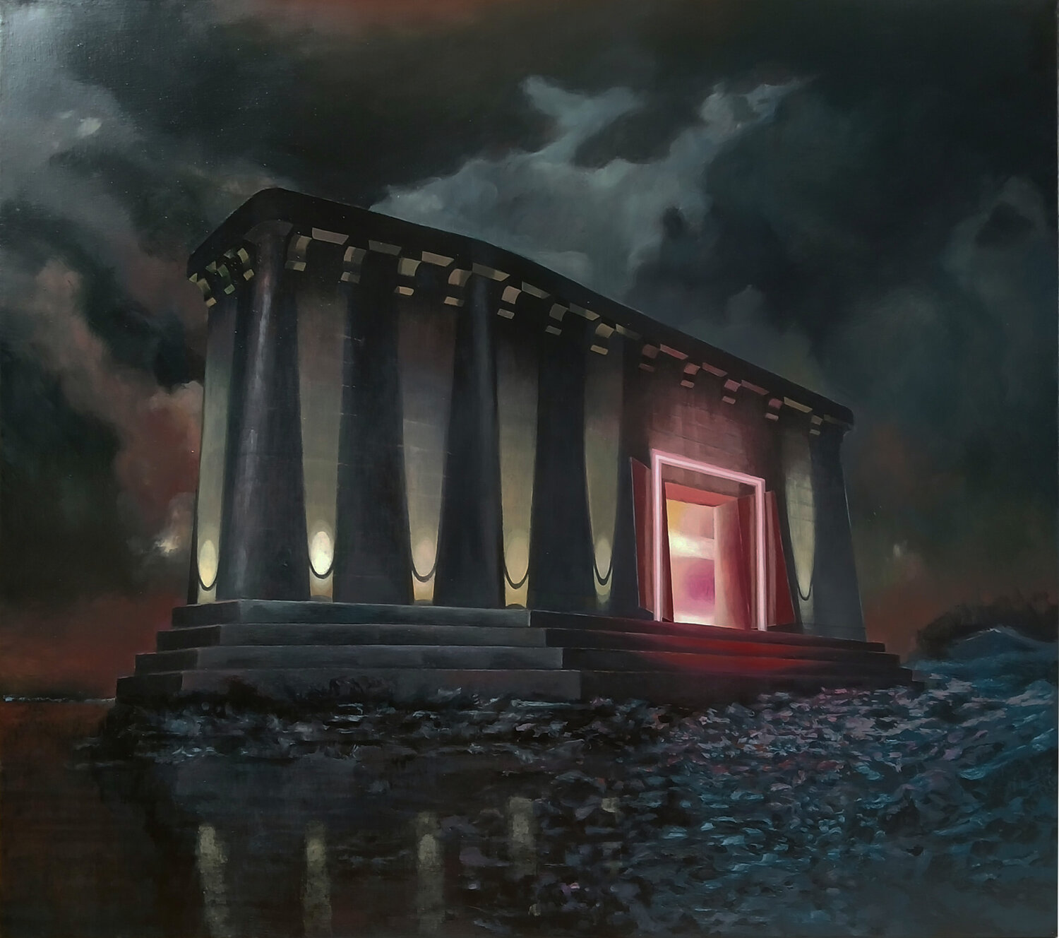 Building by night ( rave temple) richard jurtitsch Original painting for sale