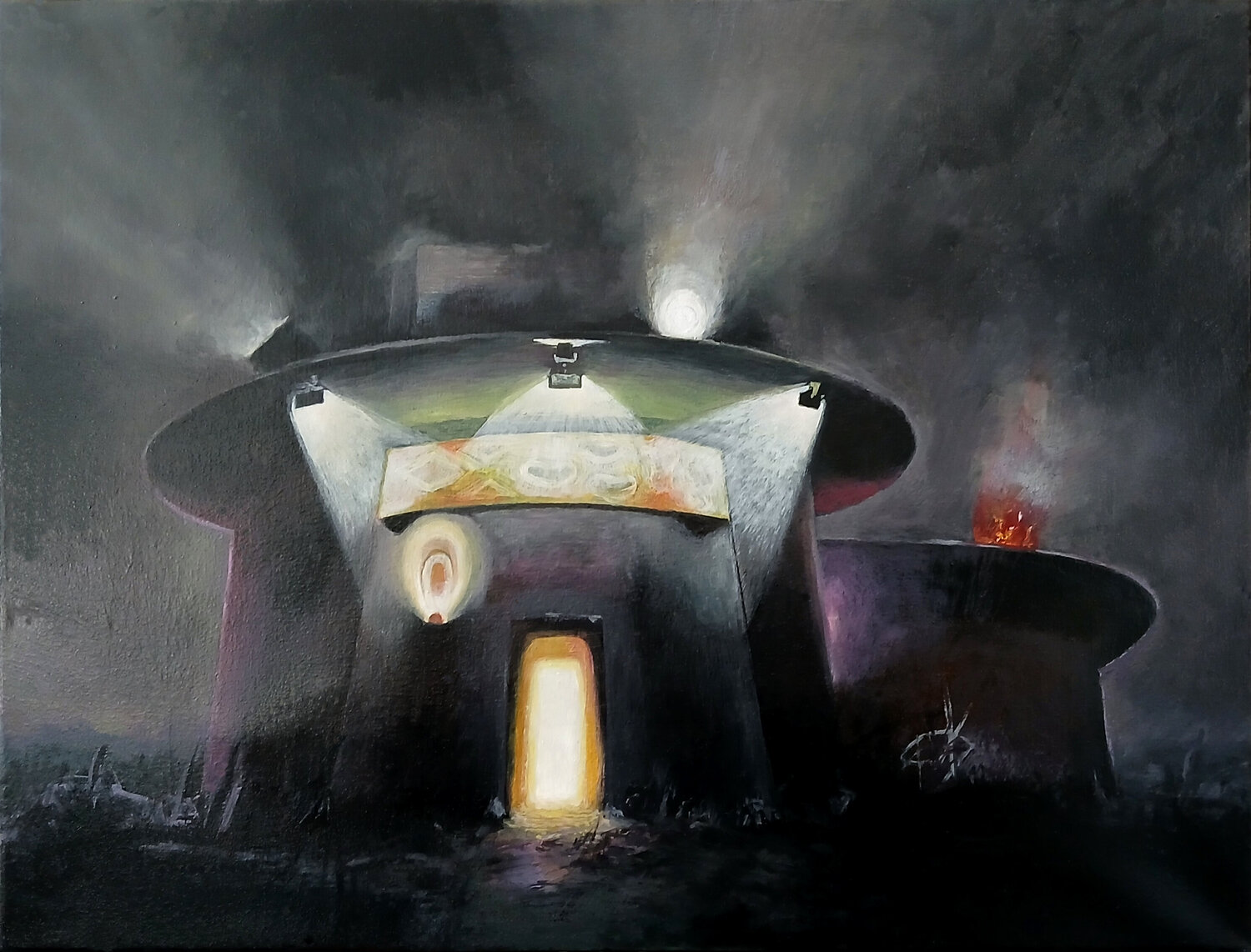 Building by night richard jurtitsch Original painting for sale