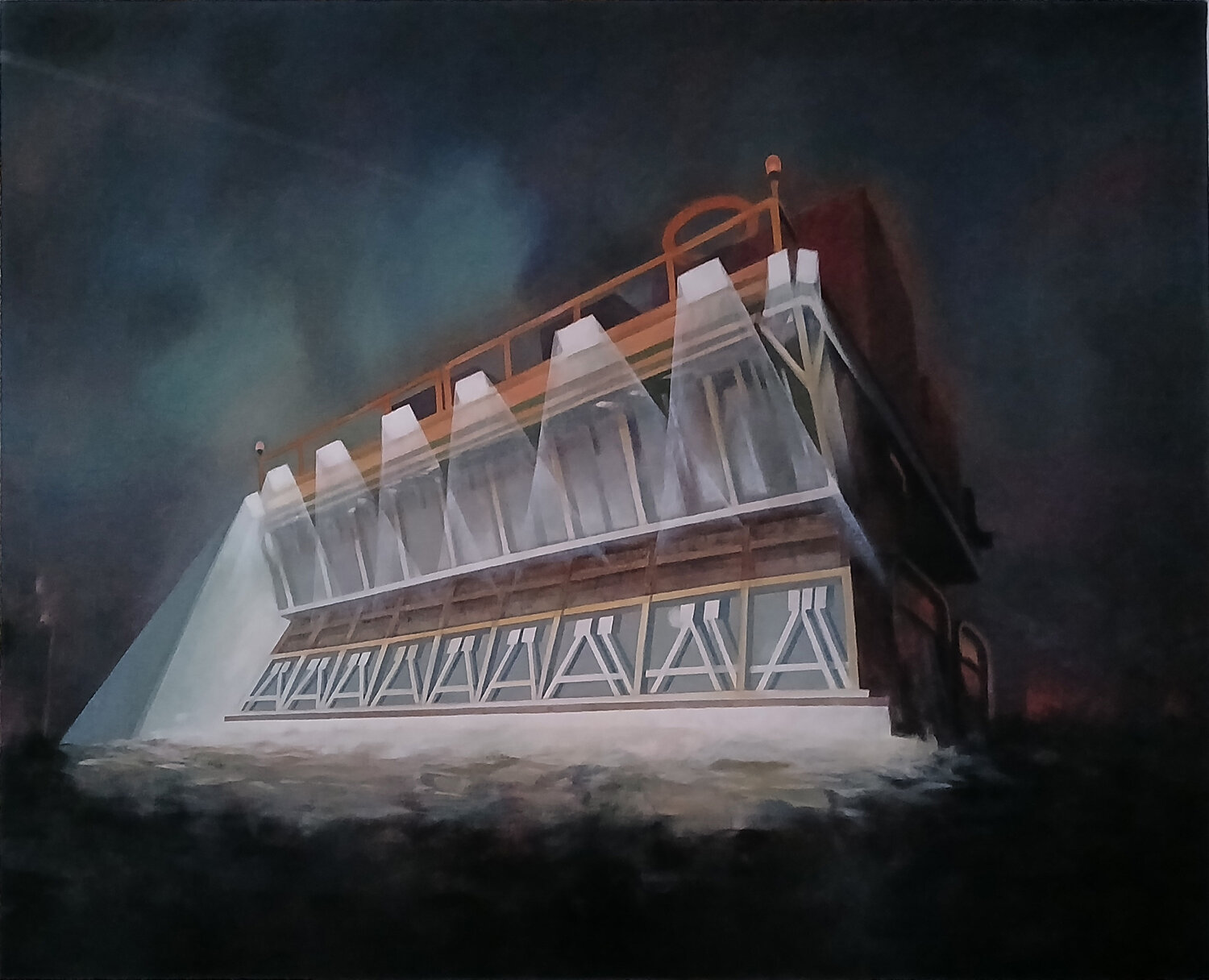 Arena ,Building by night ( rave temple) richard jurtitsch Original painting for sale