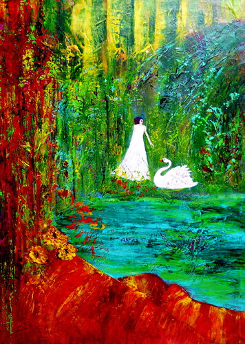 Leda begegnet dem Schwan by Blanka Mandel, Painting for Sale on Select