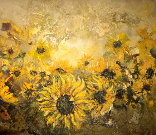 Golden Landscape With Sunflowers by Arno Bruse, Painting for Sale on Select