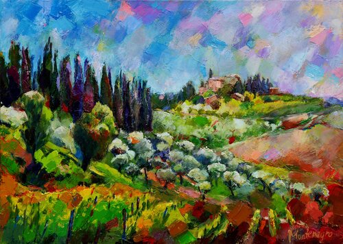 Toskana-Landschaft mit Weinreben und Olivenbäumen by Miriam Montenegro, Painting for Sale on Select