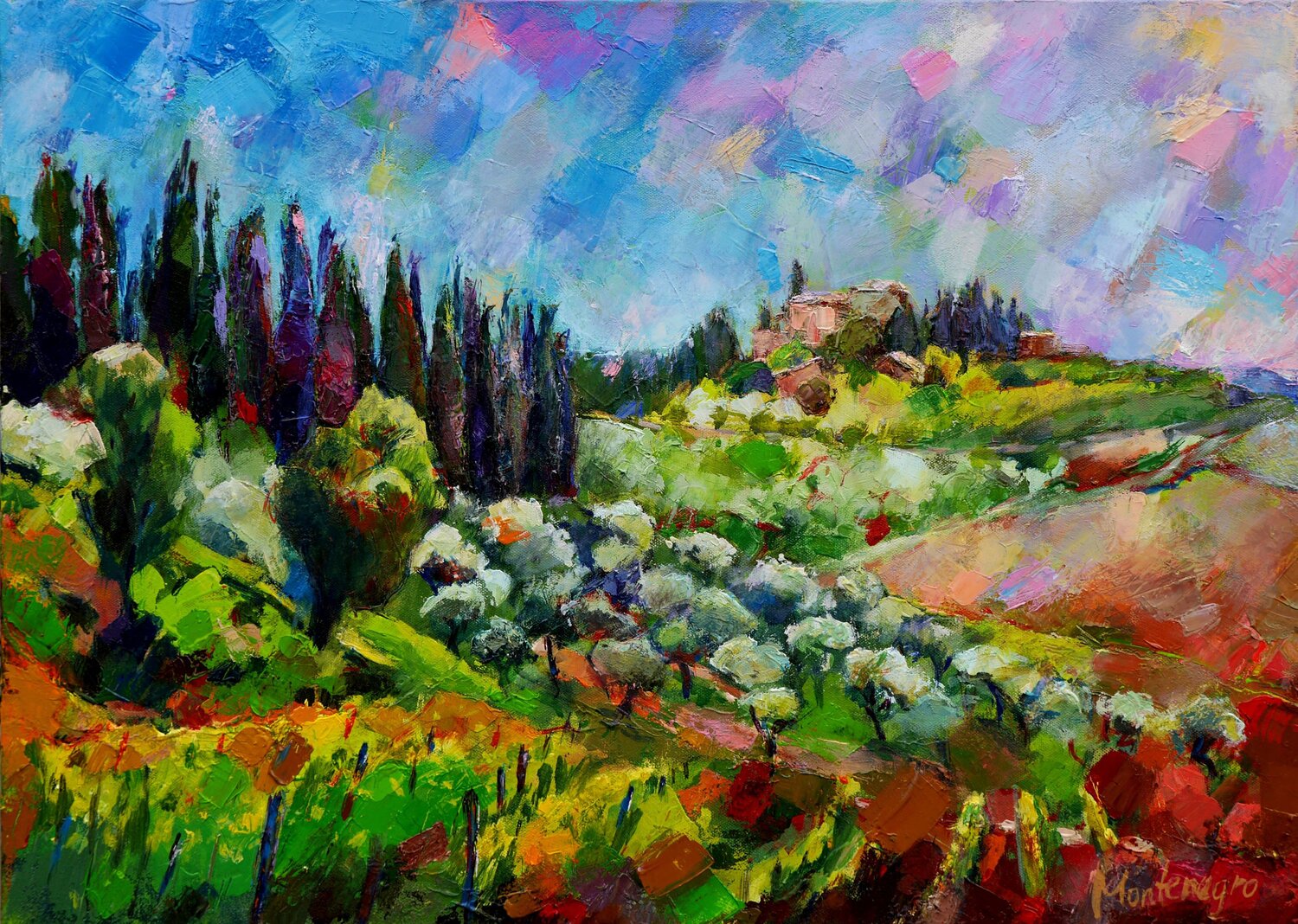 Toskana-Landschaft mit Weinreben und Olivenbäumen Miriam Montenegro Original painting for sale
