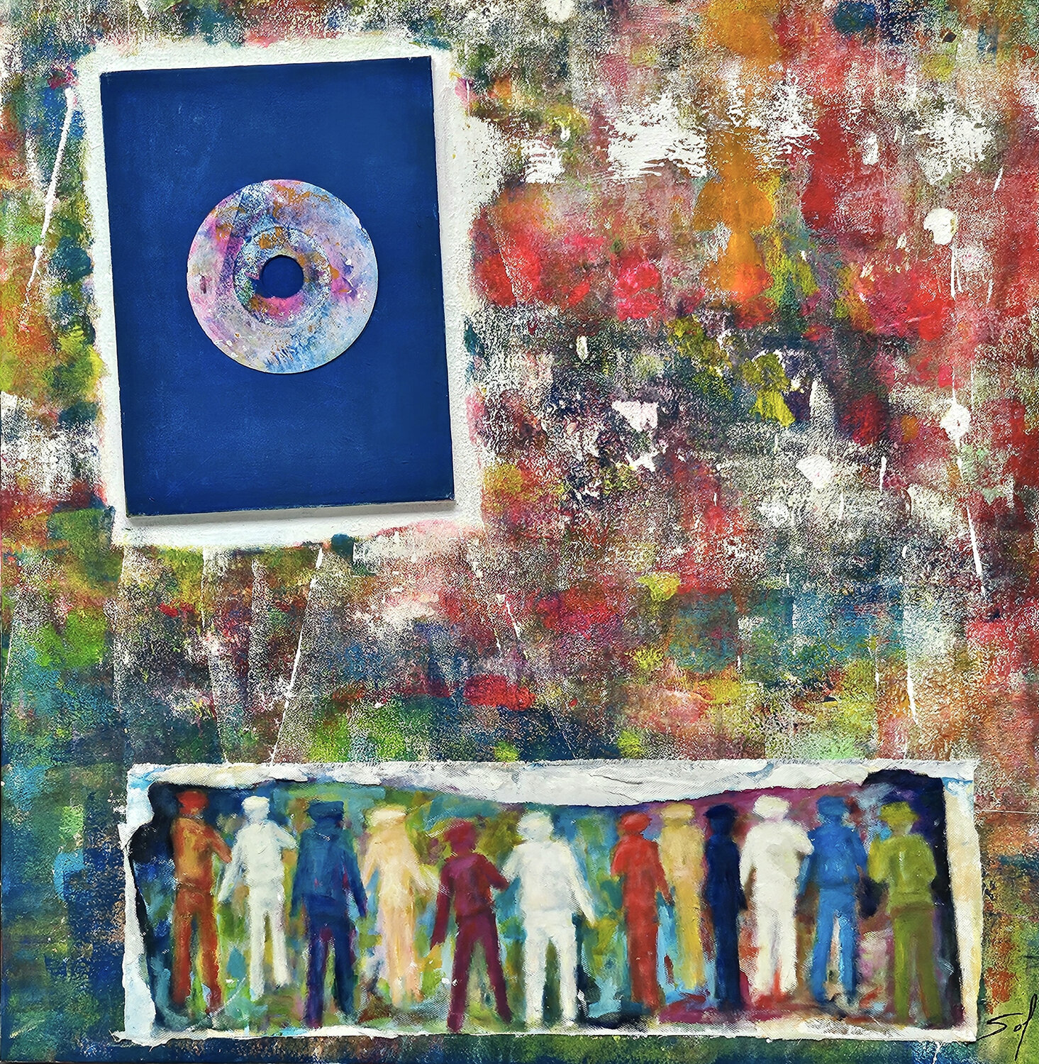 Ils se dirigent vers une lumière colorée - 100x100 - 2025 Sof - Sophie Voigt-Chadeyron Original painting for sale