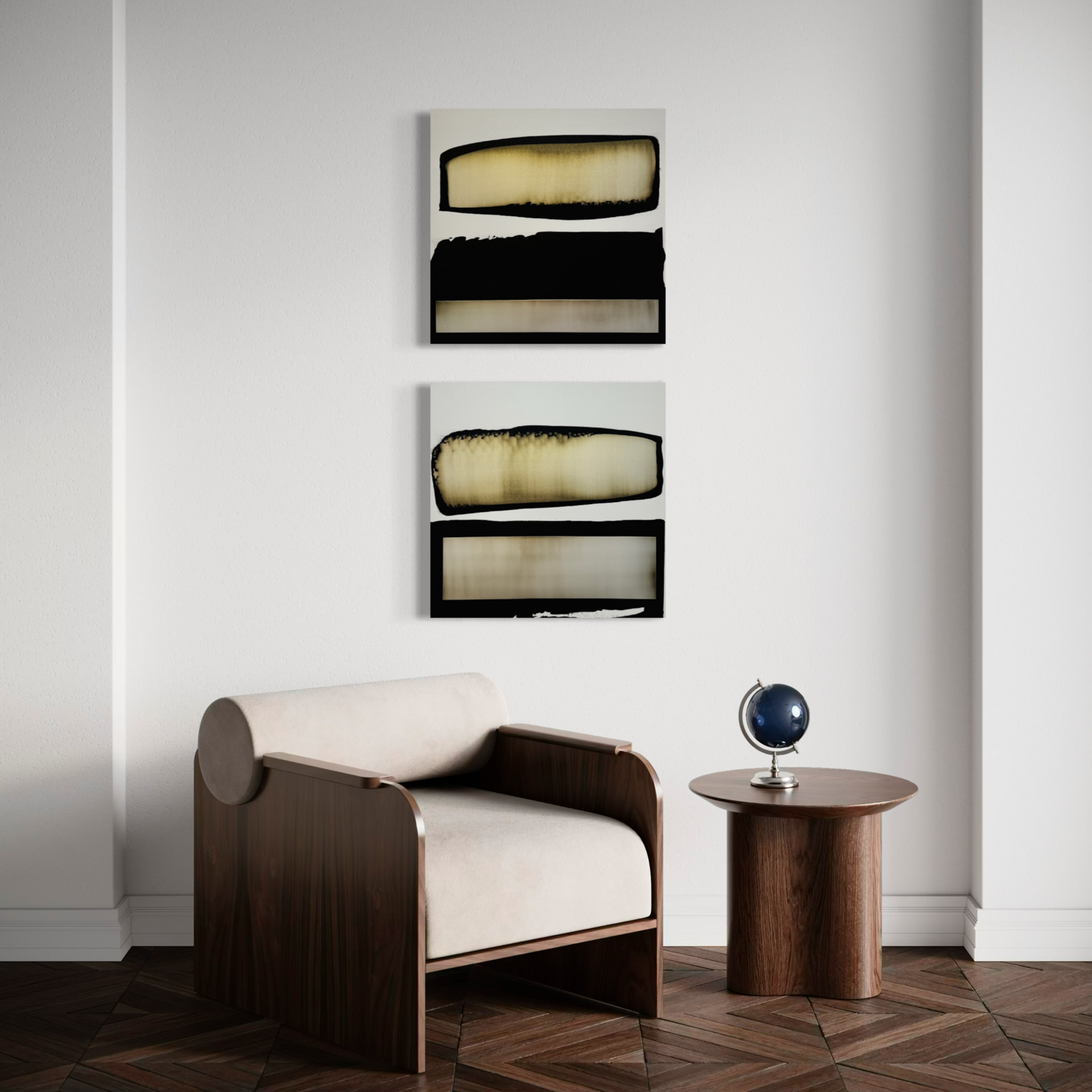 Black and white with pearl yellow | Diptych Anca Todrican Original painting for sale