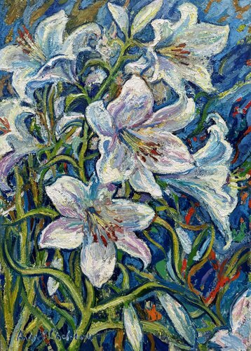 Lilies in the wind by Andrey Chebotaru, Painting for Sale on Select