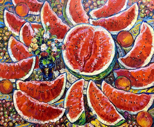 Sweet summer. Watermelon still life. by Andrey Chebotaru, Painting for Sale on Select