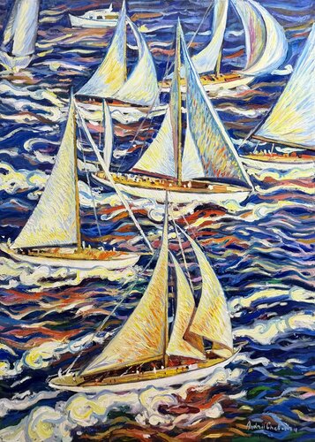 Sails of freedom in Saint-Tropez by Andrey Chebotaru, Painting for Sale on Select