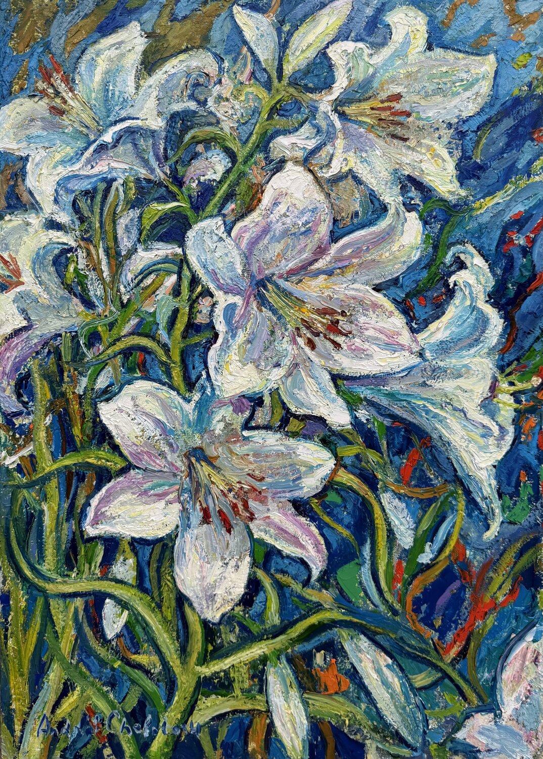 Lilies in the wind Andrey Chebotaru Original painting for sale