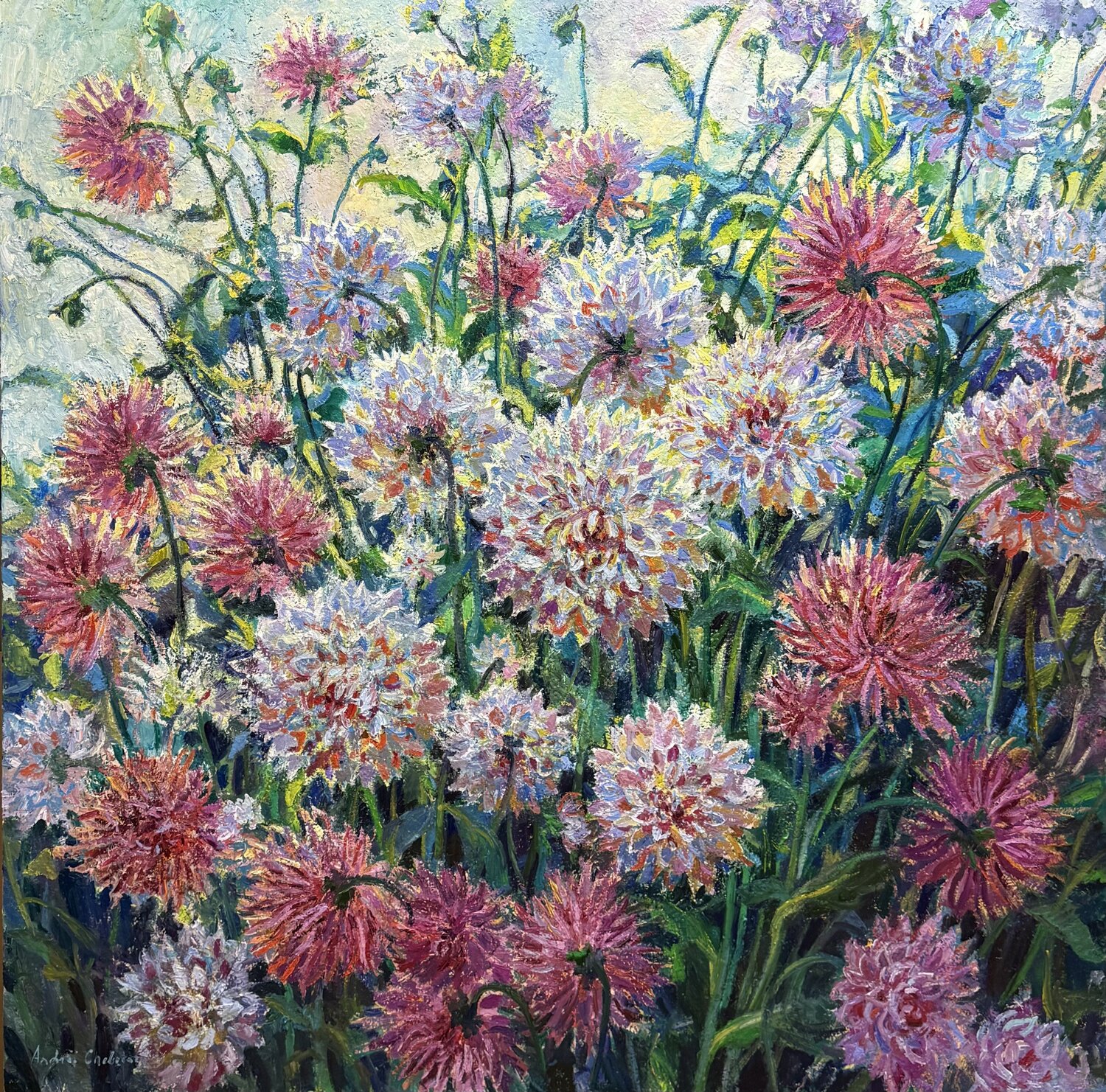 Garden of mother’s love. Dahlia. Flower painting. Andrey Chebotaru Original painting for sale
