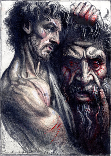 David mit dem Haupt des Goliath by Andreas Noßmann, Drawing for Sale on Select