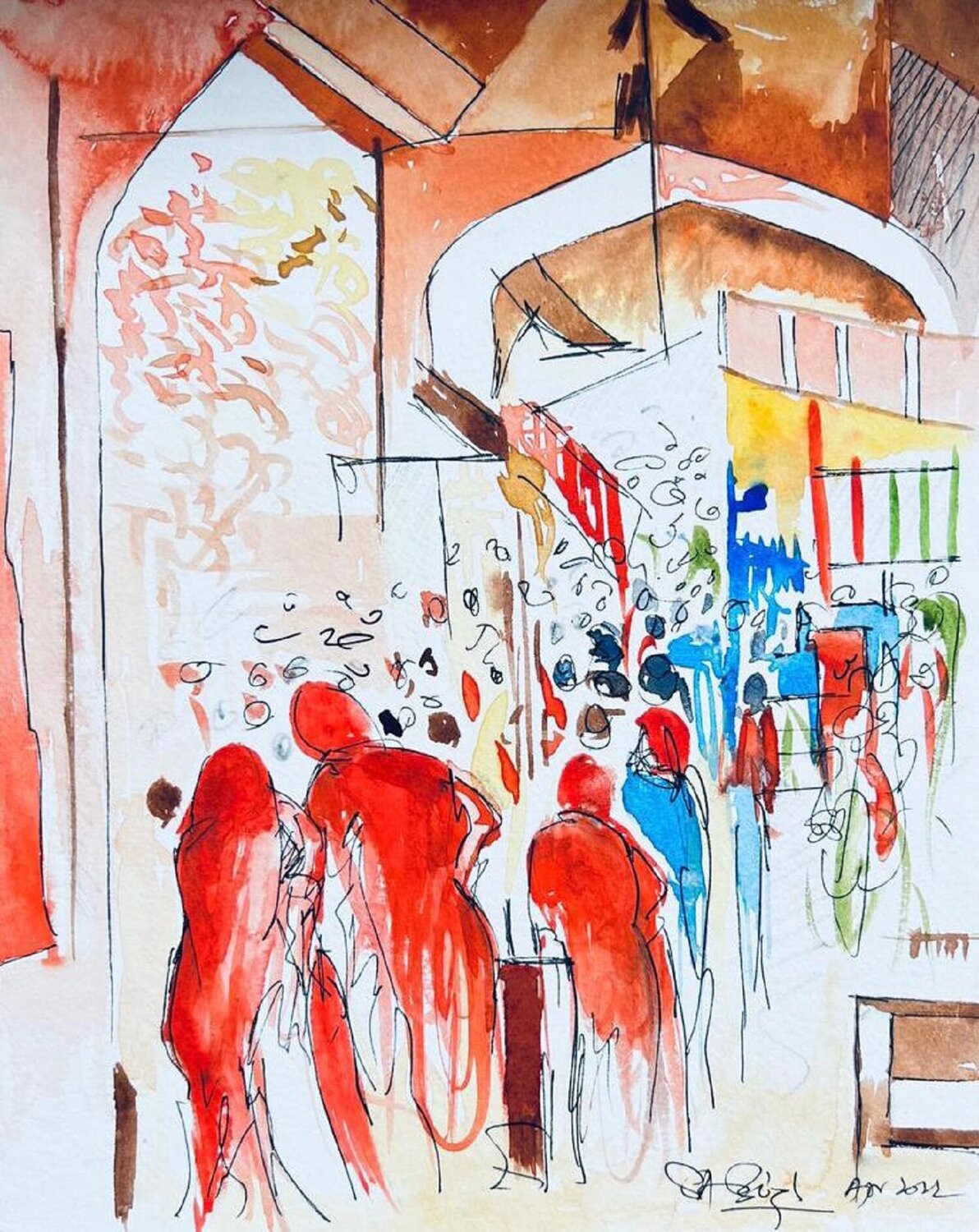 Indian Bazaar Shabs Beigh Drawing for sale