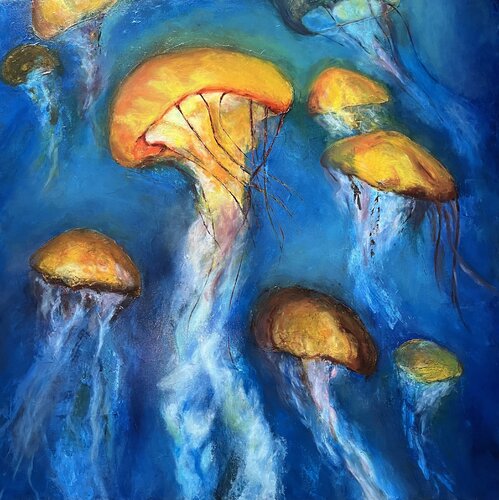 Golden Jellyfish by David Vall, Painting for Sale on Select