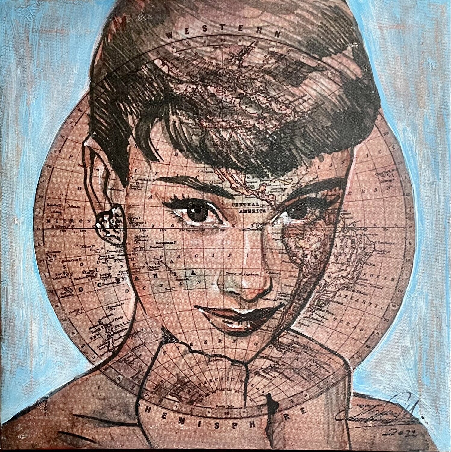 Audrey holding the World Inga Mihailovic Original painting for sale