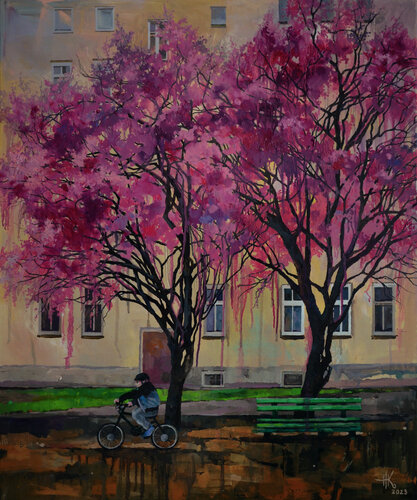 Blossoming. Cyclist by Zhanna Kondratenko, Painting for Sale on Select