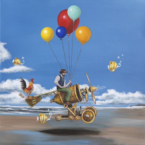 Vole en ballon (Machine Loufoque N° 17) by Nathalie Roure, Painting for Sale on Select