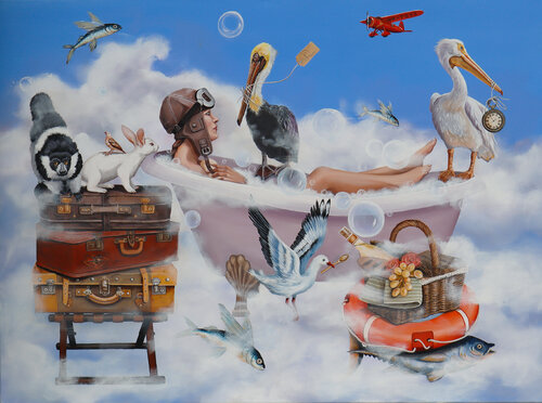 Lady Lindy l'aviatrice by Nathalie Roure, Painting for Sale on Select