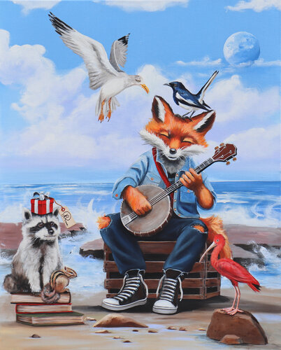 Maitre renard et son banjo by Nathalie Roure, Painting for Sale on Select