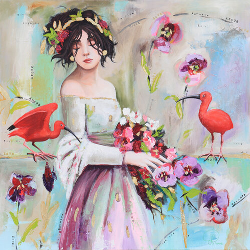 Hortense et les ibis rouges by Nathalie Roure, Painting for Sale on Select