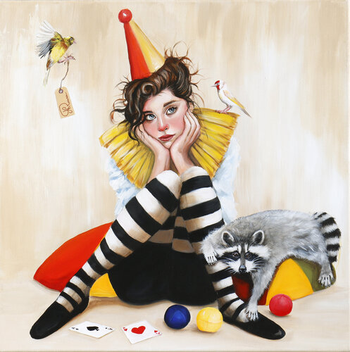 La jongleuse et son Raton laveur by Nathalie Roure, Painting for Sale on Select