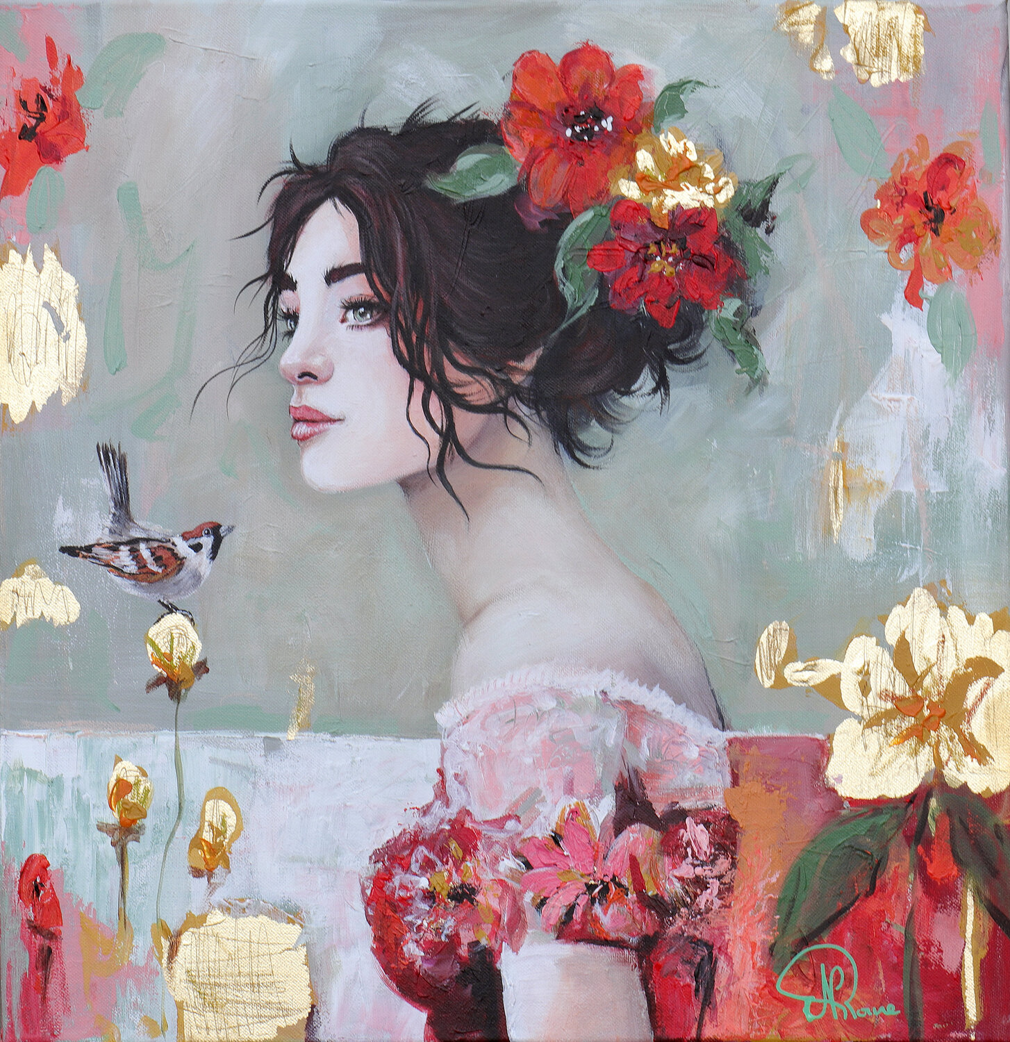 Eglantine et le moineau Nathalie Roure Original painting for sale
