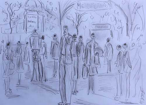Sortie du métro by Jean Mirre, Painting for Sale on Select