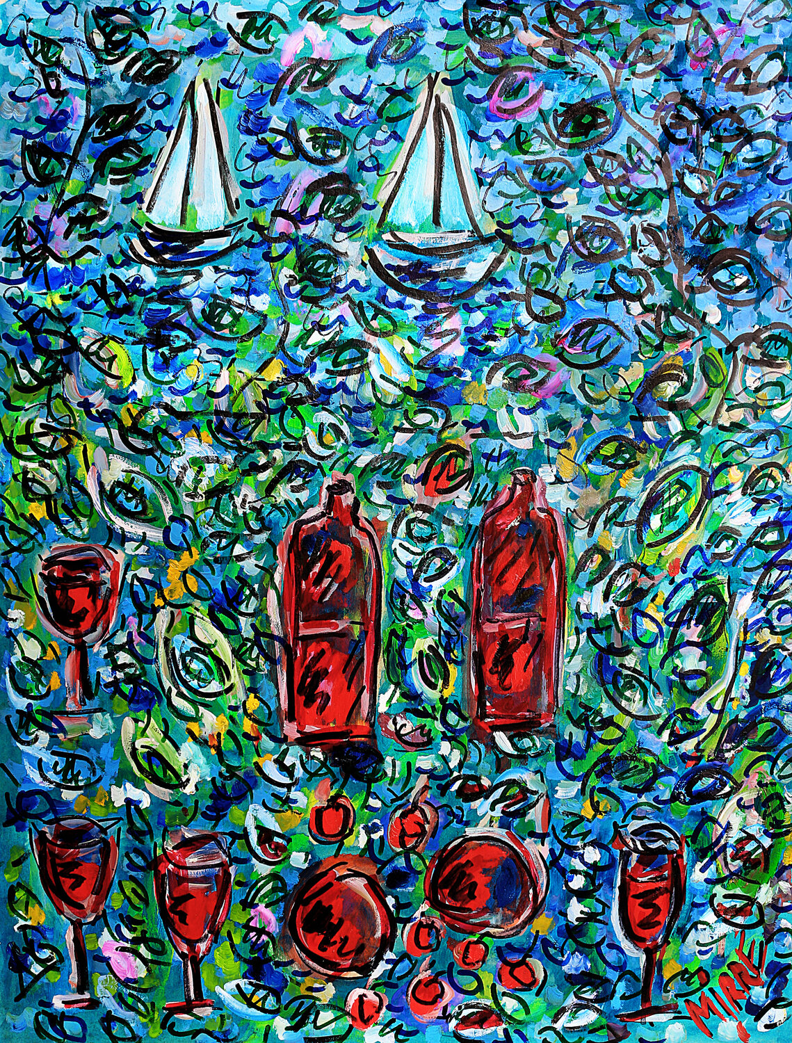 Amour, jazz et bateaux Jean Mirre Original painting for sale
