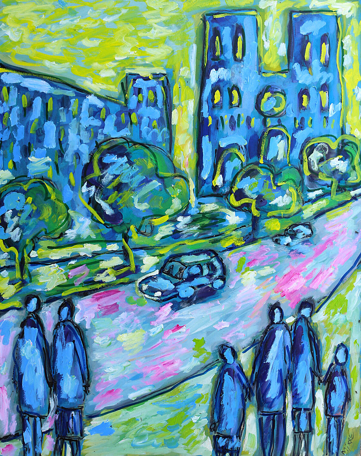 Touristes à Notre-Dame de Paris Jean Mirre Original painting for sale