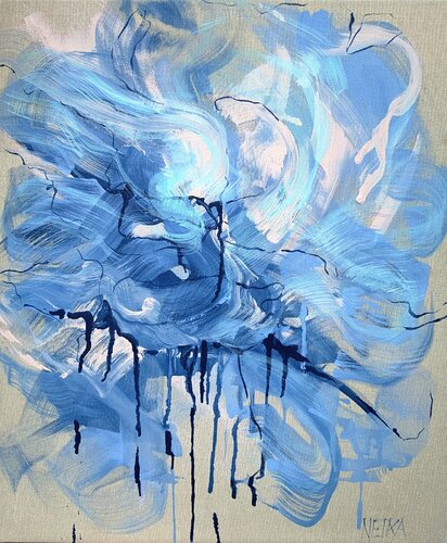 Blue Flower 4 - The raw linen series by Netka Croonenborghs, Painting for Sale on Select