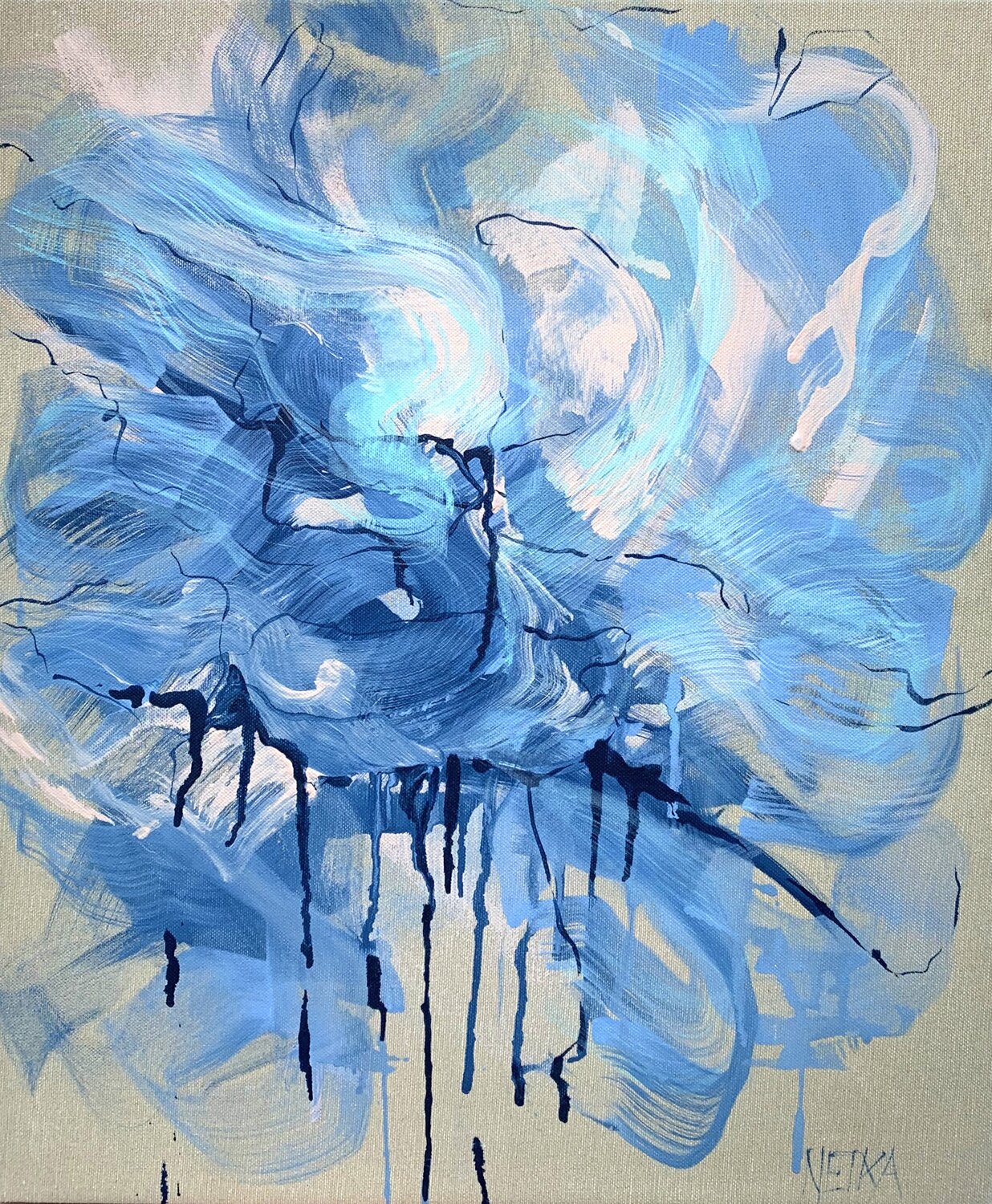 Blue Flower 4 - The raw linen series Netka Croonenborghs Original painting for sale