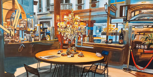 Riflessi urbani sulla vetrina del bar Caffeine by Marco Ronga, Painting for Sale on Select